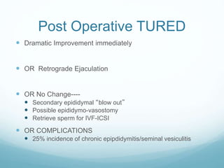 Post Operative TURED
 Dramatic Improvement immediately
 OR Retrograde Ejaculation
 OR No Change----
 Secondary epididymal “blow out”
 Possible epididymo-vasostomy
 Retrieve sperm for IVF-ICSI
 OR COMPLICATIONS
 25% incidence of chronic epipdidymitis/seminal vesiculitis
 