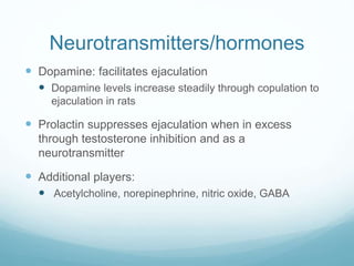 Neurotransmitters/hormones
 Dopamine: facilitates ejaculation
 Dopamine levels increase steadily through copulation to
ejaculation in rats
 Prolactin suppresses ejaculation when in excess
through testosterone inhibition and as a
neurotransmitter
 Additional players:
 Acetylcholine, norepinephrine, nitric oxide, GABA
 