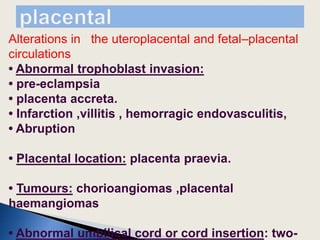 Alterations in the uteroplacental and fetal–placental
circulations
• Abnormal trophoblast invasion:
• pre-eclampsia
• placenta accreta.
• Infarction ,villitis , hemorragic endovasculitis,
• Abruption
• Placental location: placenta praevia.
• Tumours: chorioangiomas ,placental
haemangiomas
• Abnormal umbilical cord or cord insertion: two-
 
