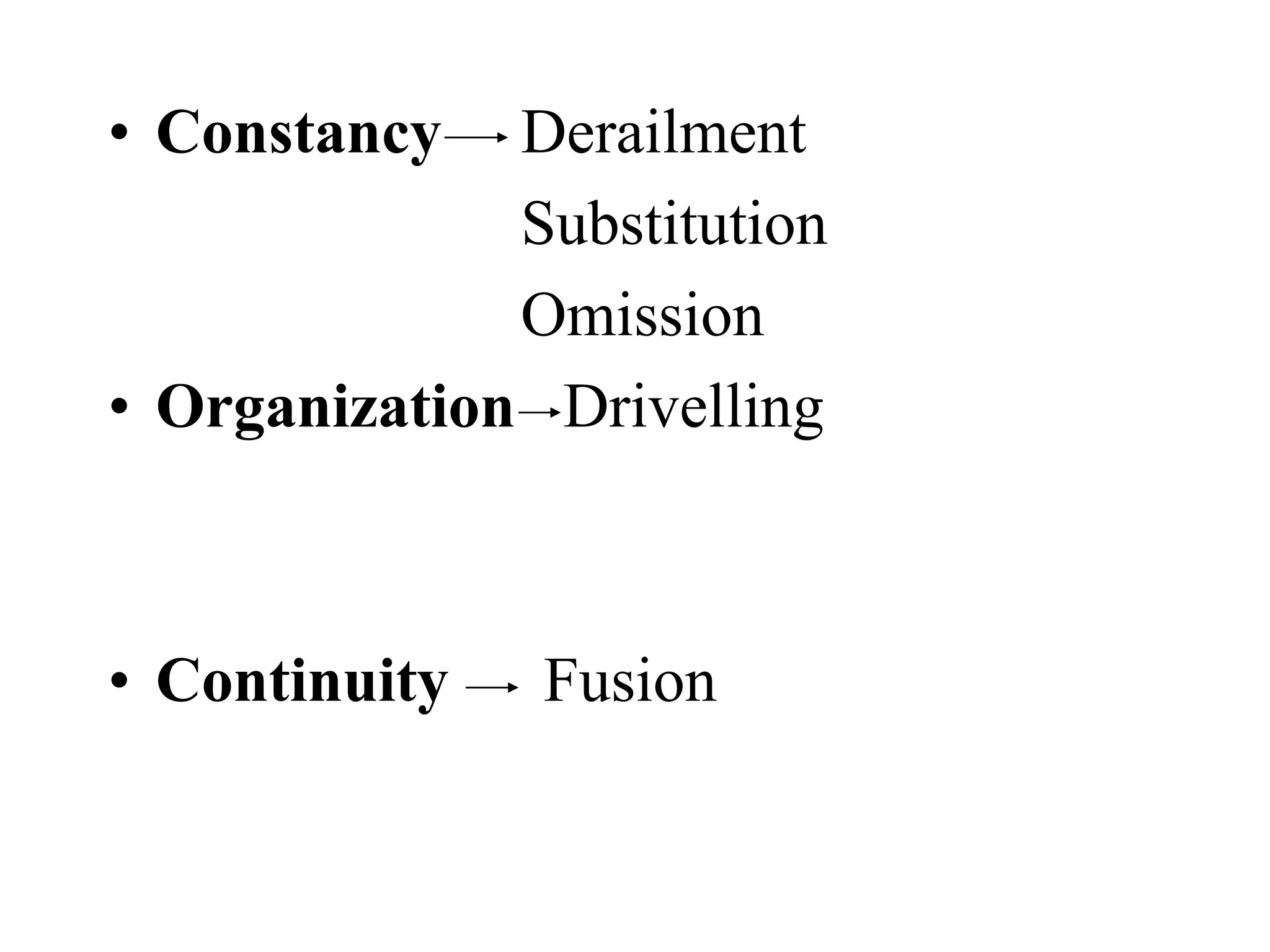 • Constancy Derailment
Substitution
Omission
• Organization Drivelling
• Continuity Fusion
 