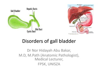 Disorders of gall bladder
Dr Nor Hidayah Abu Bakar,
M.D, M.Path (Anatomic Pathologist),
Medical Lecturer,
FPSK, UNISZA
 