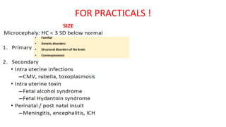 FOR PRACTICALS !
PRIMARY
1) Familial (autosomal
recessive,AD,X linked..)
2) Genetic diseases
3) Structural diseases of the
brain
4) Craniosynostosis
▪ Familial
▪ Genetic disorders
▪ Structural disorders of the brain
▪ Craniosynostosis
 