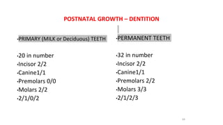 POSTNATAL GROWTH – DENTITION
•PRIMARY (MILK or Deciduous) TEETH
•20 in number
•Incisor 2/2
•Canine1/1
•Premolars 0/0
•Molars 2/2
•2/1/0/2
•PERMANENT TEETH
•32 in number
•Incisor 2/2
•Canine1/1
•Premolars 2/2
•Molars 3/3
•2/1/2/3
64
 