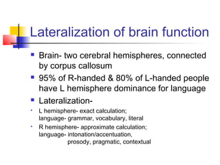 Lateralization of brain function
 Brain- two cerebral hemispheres, connected
by corpus callosum
 95% of R-handed & 80% of L-handed people
have L hemisphere dominance for language
 Lateralization-
 L hemisphere- exact calculation;
language- grammar, vocabulary, literal
 R hemisphere- approximate calculation;
language- intonation/accentuation,
prosody, pragmatic, contextual
 