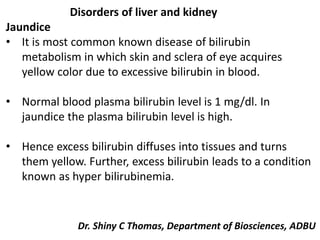 Disorders of liver and kidney
Jaundice
• It is most common known disease of bilirubin
metabolism in which skin and sclera of eye acquires
yellow color due to excessive bilirubin in blood.
• Normal blood plasma bilirubin level is 1 mg/dl. In
jaundice the plasma bilirubin level is high.
• Hence excess bilirubin diffuses into tissues and turns
them yellow. Further, excess bilirubin leads to a condition
known as hyper bilirubinemia.
Dr. Shiny C Thomas, Department of Biosciences, ADBU
 