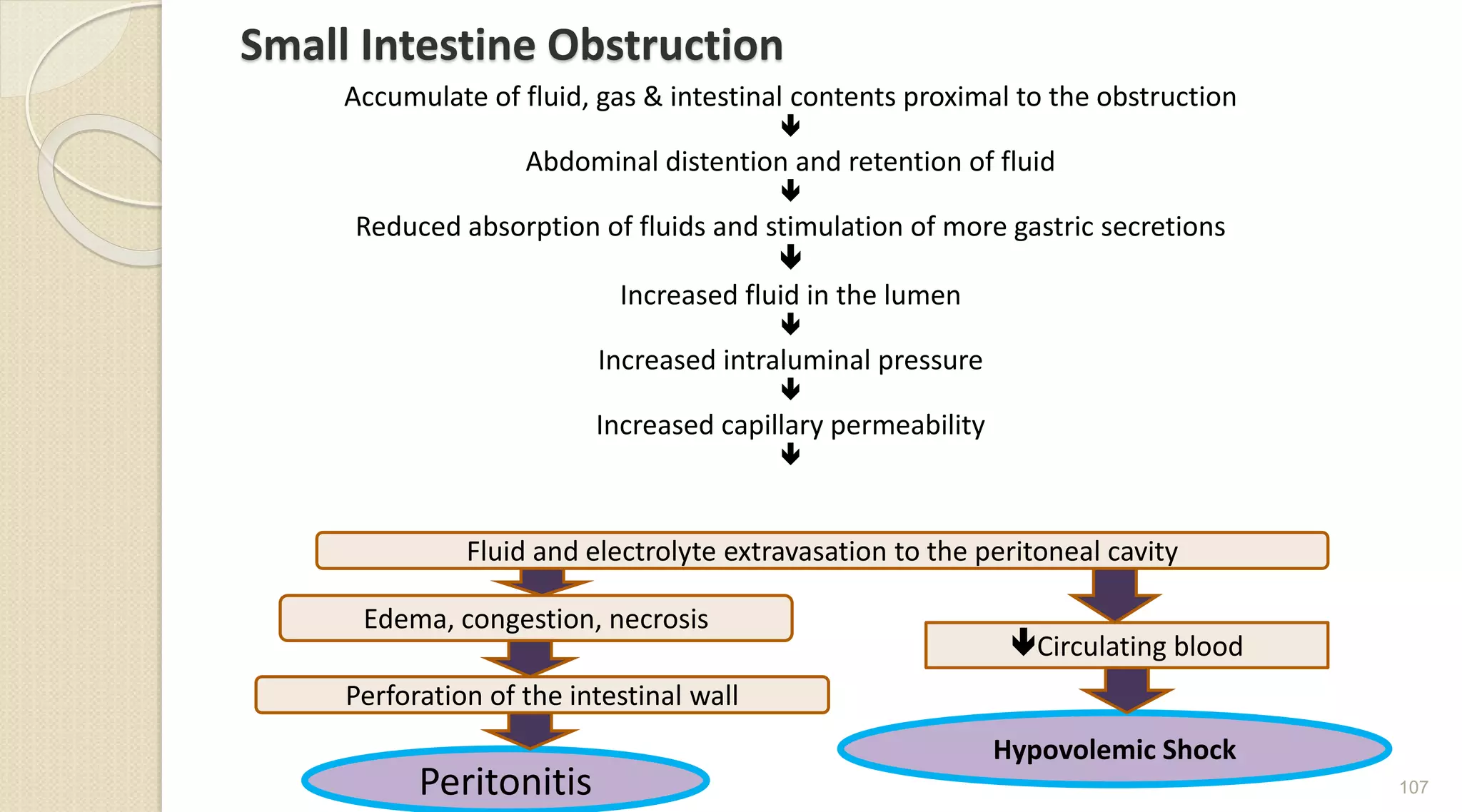 Small Intestine Obstruction
Accumulate of fluid, gas & intestinal contents proximal to the obstruction

Abdominal distention and retention of fluid

Reduced absorption of fluids and stimulation of more gastric secretions

Increased fluid in the lumen

Increased intraluminal pressure

Increased capillary permeability

107
Circulating blood
Hypovolemic Shock
Edema, congestion, necrosis
Perforation of the intestinal wall
Peritonitis
Fluid and electrolyte extravasation to the peritoneal cavity
 