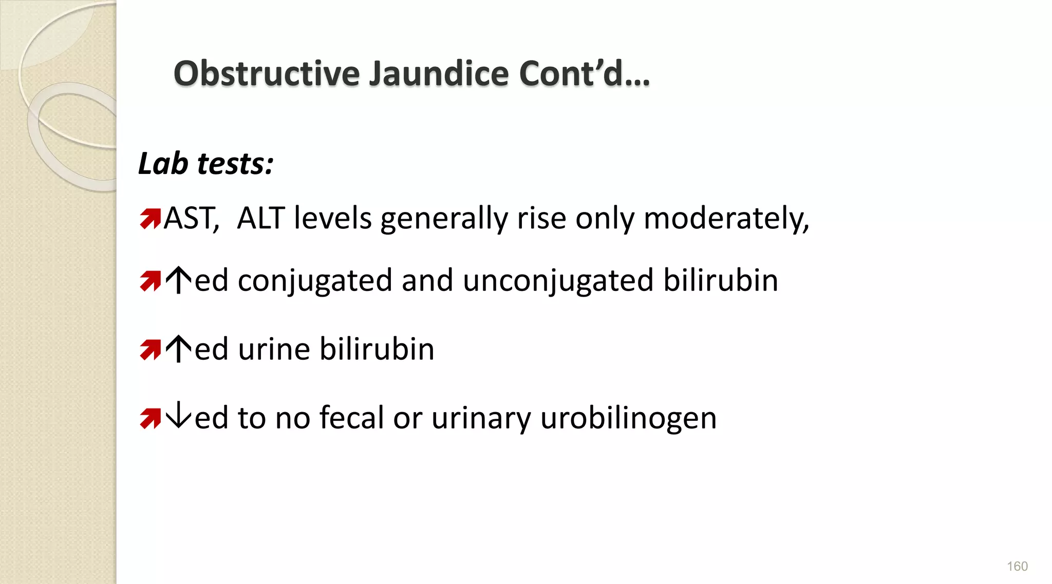 Obstructive Jaundice Cont’d…
Lab tests:
AST, ALT levels generally rise only moderately,
ed conjugated and unconjugated bilirubin
ed urine bilirubin
ed to no fecal or urinary urobilinogen
160
 