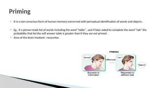  It is a non conscious form of human memory concerned with perceptual identification of words and objects .
 Eg . If a person reads list of words including the word “table” , and if later asked to complete the word “tab” the
probability that he/she will answer table is greater than if they are not primed .
 Area of the brain involved : neocortex .
Priming
 