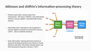 Atkinson and shiffrin’s information-processing theory
 Memory starts with a sensory input from
environment . This input is held for a very brief period
of time in sensory register associated with sensory
channel .
 Information that is attended to and recognized in
sensory register is passed on to short term memory
( STM ) . Here it is held for 20-30 sec
 Some information reaching short term memory is
processes by being rehearsed a lot of time or may be
linked up with other information already stored may
then be passed to long term memory ( LTM )
 