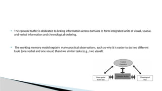  The episodic buffer is dedicated to linking information across domains to form integrated units of visual, spatial,
and verbal information and chronological ordering.
 The working memory model explains many practical observations, such as why it is easier to do two different
tasks (one verbal and one visual) than two similar tasks (e.g., two visual).
 