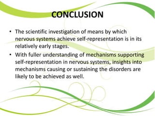 CONCLUSION
• The scientific investigation of means by which
nervous systems achieve self-representation is in its
relatively early stages.
• With fuller understanding of mechanisms supporting
self-representation in nervous systems, insights into
mechanisms causing or sustaining the disorders are
likely to be achieved as well.
 