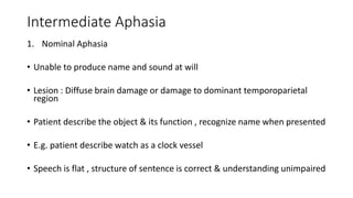 Intermediate Aphasia
1. Nominal Aphasia
• Unable to produce name and sound at will
• Lesion : Diffuse brain damage or damage to dominant temporoparietal
region
• Patient describe the object & its function , recognize name when presented
• E.g. patient describe watch as a clock vessel
• Speech is flat , structure of sentence is correct & understanding unimpaired
 