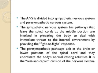  The ANS is divided into sympathetic nervous system
and parasympathetic nervous system.
 The sympathetic nervous system has pathways that
leave the spinal cords at the middle portion are
involved in preparing the body to deal with
immediate threats to the internal environment by
providing the “fight-or-flight” response.
 The parasympathetic pathways exit at the brain or
lower portions of the spinal cord and they
coordinate the body’s normal resting activities. It is
the “rest-and-repair” division of the nervous system.
 