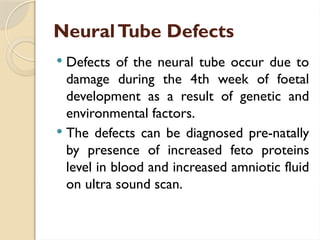 NeuralTube Defects
 Defects of the neural tube occur due to
damage during the 4th week of foetal
development as a result of genetic and
environmental factors.
 The defects can be diagnosed pre-natally
by presence of increased feto proteins
level in blood and increased amniotic fluid
on ultra sound scan.
 