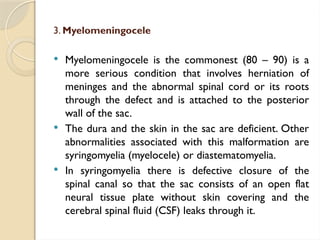 3. Myelomeningocele
 Myelomeningocele is the commonest (80 – 90) is a
more serious condition that involves herniation of
meninges and the abnormal spinal cord or its roots
through the defect and is attached to the posterior
wall of the sac.
 The dura and the skin in the sac are deficient. Other
abnormalities associated with this malformation are
syringomyelia (myelocele) or diastematomyelia.
 In syringomyelia there is defective closure of the
spinal canal so that the sac consists of an open flat
neural tissue plate without skin covering and the
cerebral spinal fluid (CSF) leaks through it.
 