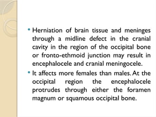  Herniation of brain tissue and meninges
through a midline defect in the cranial
cavity in the region of the occipital bone
or fronto-ethmoid junction may result in
encephalocele and cranial meningocele.
 It affects more females than males.At the
occipital region the encephalocele
protrudes through either the foramen
magnum or squamous occipital bone.
 