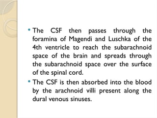  The CSF then passes through the
foramina of Magendi and Luschka of the
4th ventricle to reach the subarachnoid
space of the brain and spreads through
the subarachnoid space over the surface
of the spinal cord.
 The CSF is then absorbed into the blood
by the arachnoid villi present along the
dural venous sinuses.
 