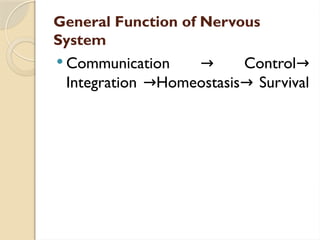 General Function of Nervous
System
 Communication Control
→ →
Integration Homeostasis Survival
→ →
 