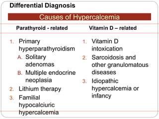 Differential Diagnosis
1. Primary
hyperparathyroidism
A. Solitary
adenomas
B. Multiple endocrine
neoplasia
2. Lithium therapy
3. Familial
hypocalciuric
hypercalcemia
1. Vitamin D
intoxication
2. Sarcoidosis and
other granulomatous
diseases
3. Idiopathic
hypercalcemia or
infancy
Causes of Hypercalcemia
Parathyroid - related Vitamin D – related
 