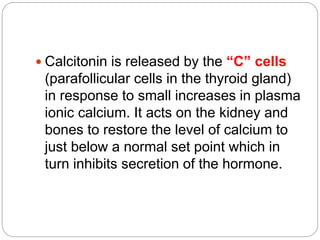  Calcitonin is released by the “C” cells
(parafollicular cells in the thyroid gland)
in response to small increases in plasma
ionic calcium. It acts on the kidney and
bones to restore the level of calcium to
just below a normal set point which in
turn inhibits secretion of the hormone.
 