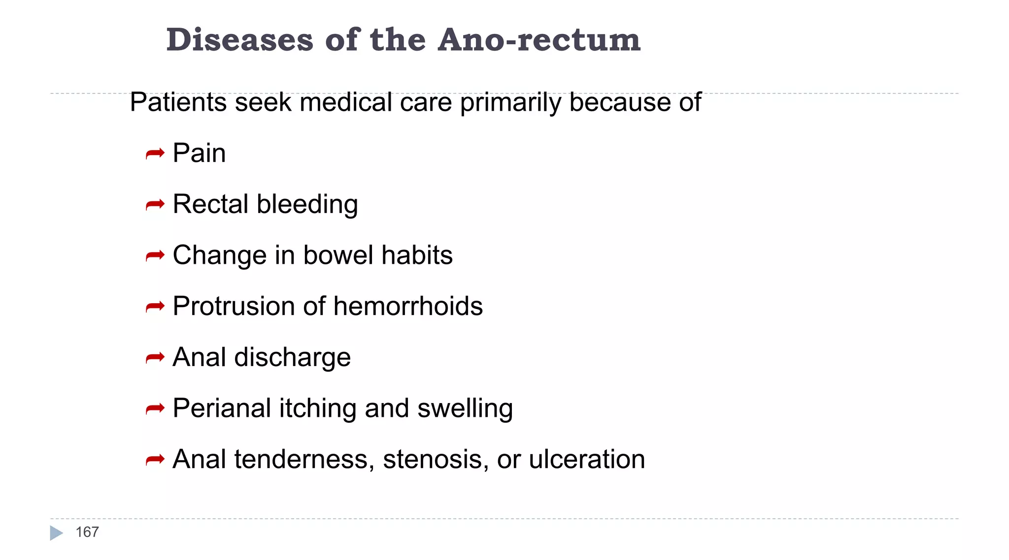 Diseases of the Ano-rectum
167
Patients seek medical care primarily because of
 Pain
 Rectal bleeding
 Change in bowel habits
 Protrusion of hemorrhoids
 Anal discharge
 Perianal itching and swelling
 Anal tenderness, stenosis, or ulceration
 