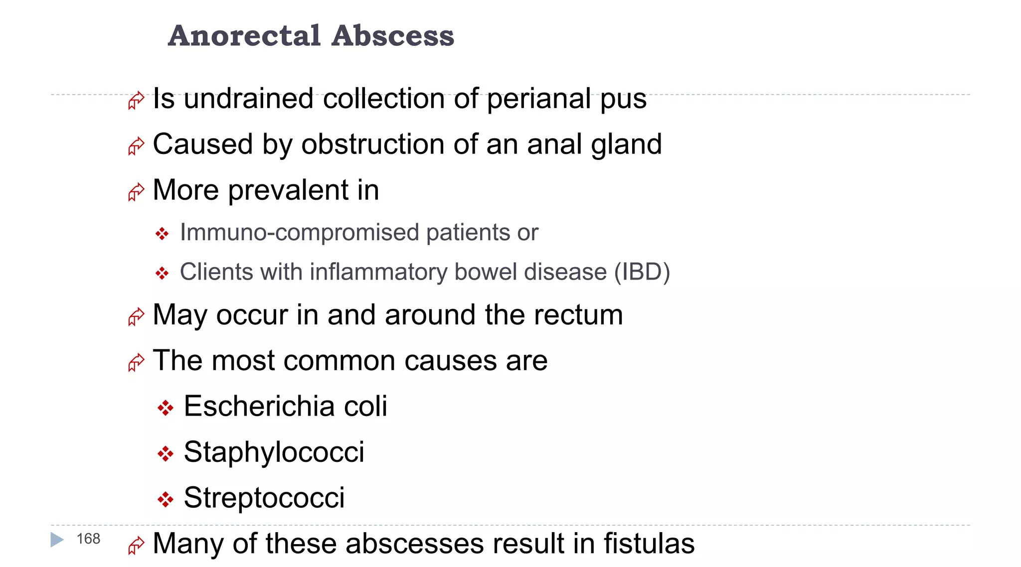 Anorectal Abscess
168
 Is undrained collection of perianal pus
 Caused by obstruction of an anal gland
 More prevalent in
 Immuno-compromised patients or
 Clients with inflammatory bowel disease (IBD)
 May occur in and around the rectum
 The most common causes are
 Escherichia coli
 Staphylococci
 Streptococci
 Many of these abscesses result in fistulas
 