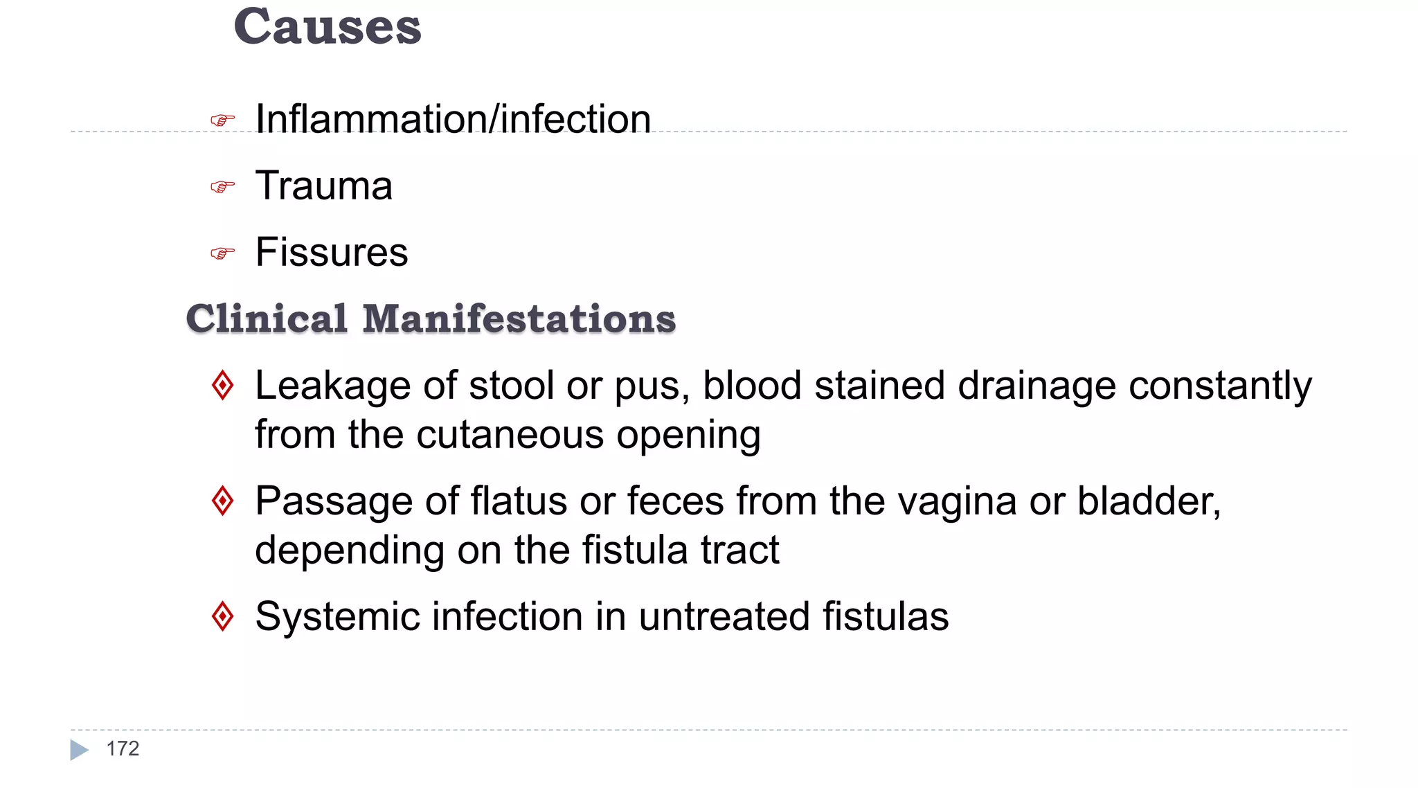 Causes
172
 Inflammation/infection
 Trauma
 Fissures
Clinical Manifestations
 Leakage of stool or pus, blood stained drainage constantly
from the cutaneous opening
 Passage of flatus or feces from the vagina or bladder,
depending on the fistula tract
 Systemic infection in untreated fistulas
 