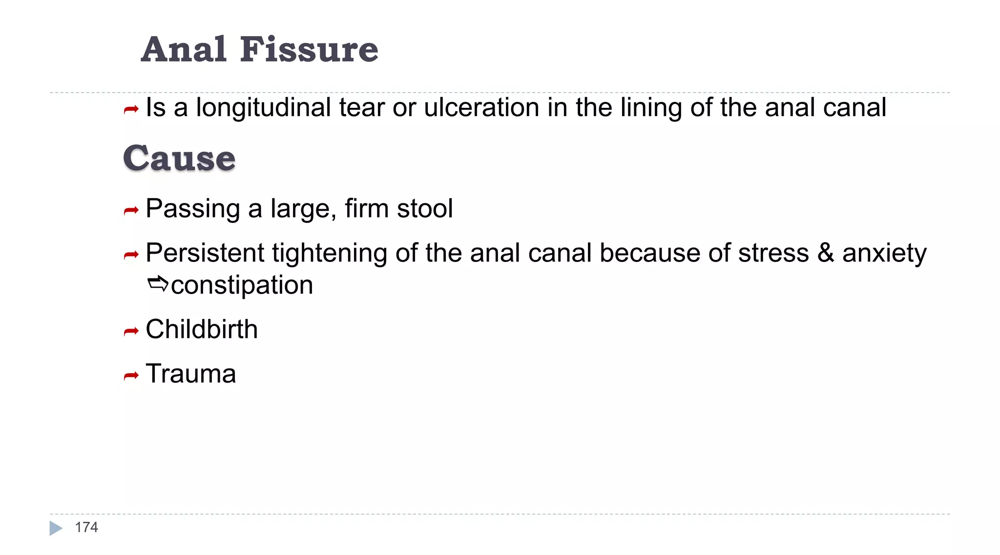 Anal Fissure
174
 Is a longitudinal tear or ulceration in the lining of the anal canal
Cause
 Passing a large, firm stool
 Persistent tightening of the anal canal because of stress & anxiety
constipation
 Childbirth
 Trauma
 