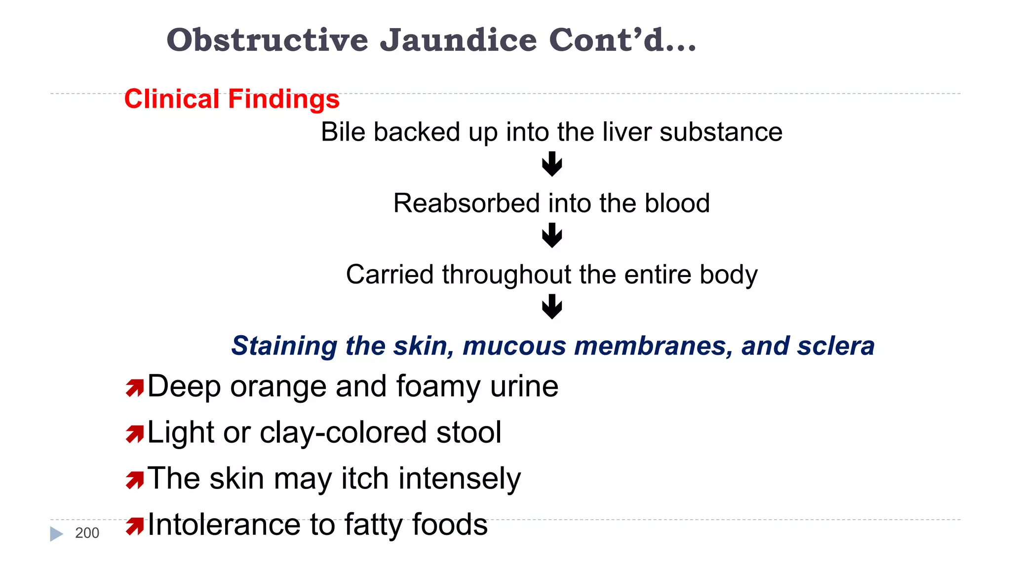 Obstructive Jaundice Cont’d…
200
Clinical Findings
Bile backed up into the liver substance

Reabsorbed into the blood

Carried throughout the entire body

Staining the skin, mucous membranes, and sclera
Deep orange and foamy urine
Light or clay-colored stool
The skin may itch intensely
Intolerance to fatty foods
 