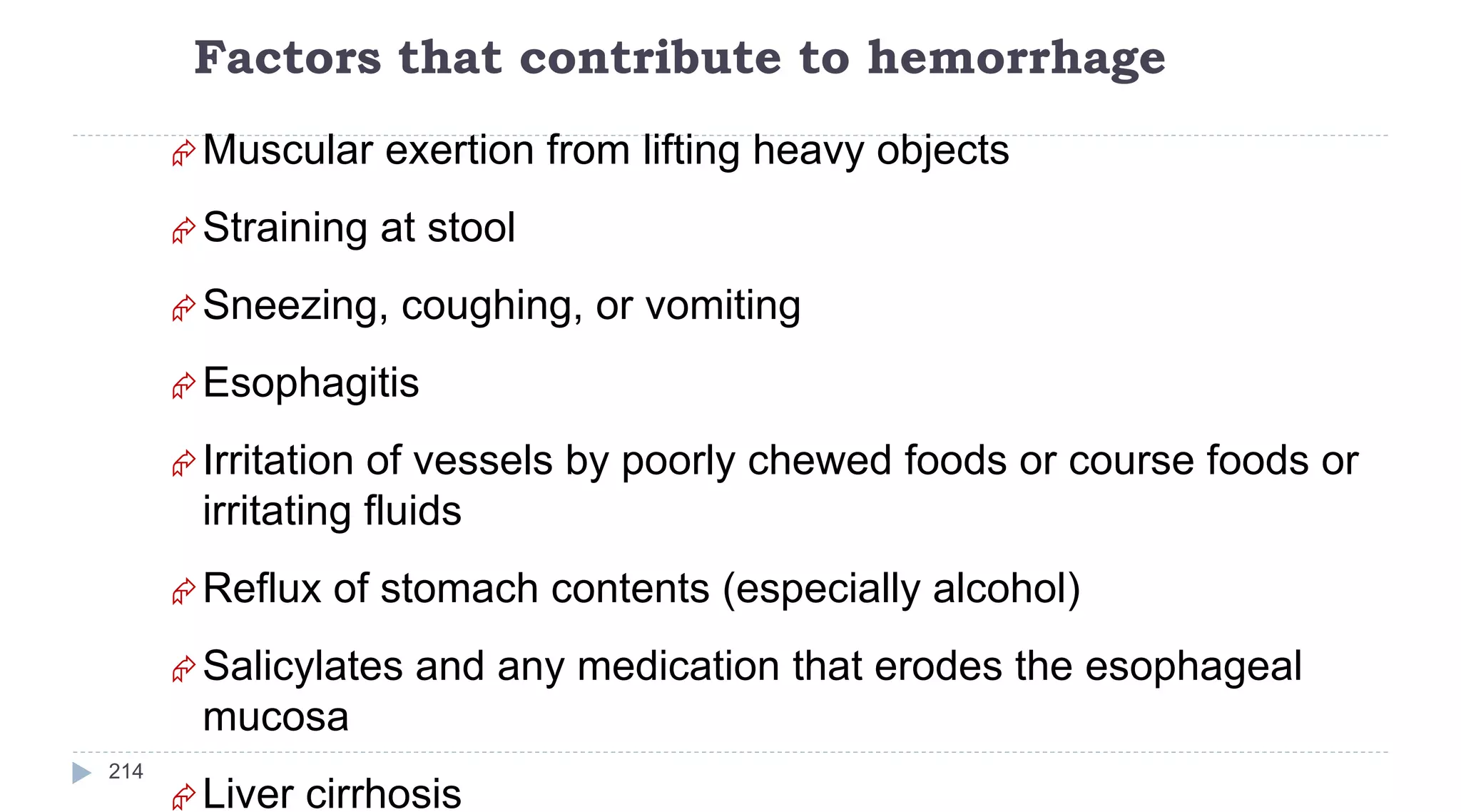 Factors that contribute to hemorrhage
214
Muscular exertion from lifting heavy objects
Straining at stool
Sneezing, coughing, or vomiting
Esophagitis
Irritation of vessels by poorly chewed foods or course foods or
irritating fluids
Reflux of stomach contents (especially alcohol)
Salicylates and any medication that erodes the esophageal
mucosa
Liver cirrhosis
 