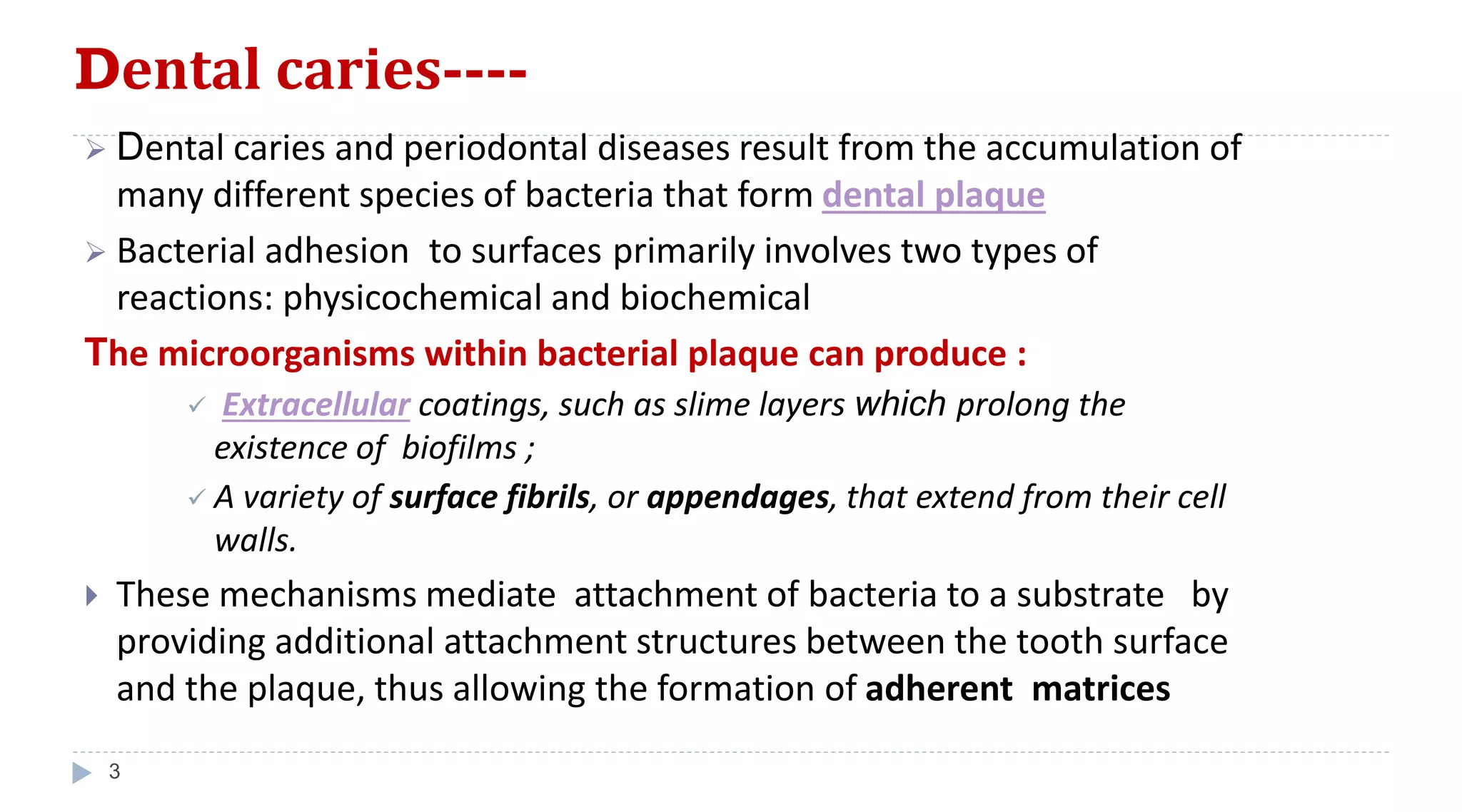 Dental caries----
3
 Dental caries and periodontal diseases result from the accumulation of
many different species of bacteria that form dental plaque
 Bacterial adhesion to surfaces primarily involves two types of
reactions: physicochemical and biochemical
The microorganisms within bacterial plaque can produce :
 Extracellular coatings, such as slime layers which prolong the
existence of biofilms ;
 A variety of surface fibrils, or appendages, that extend from their cell
walls.
 These mechanisms mediate attachment of bacteria to a substrate by
providing additional attachment structures between the tooth surface
and the plaque, thus allowing the formation of adherent matrices
 