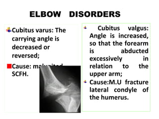 Cubitus varus: The
carrying angle is
decreased or
reversed;
Cause: malunited
SCFH.
ELBOW DISORDERS
Cubitus valgus:
Angle is increased,
so that the forearm
is abducted
excessively in
relation to the
upper arm;
Cause:M.U fracture
lateral condyle of
the humerus.
 