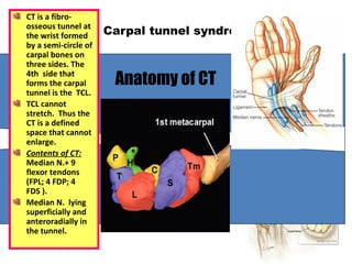 CT is a fibro-
osseous tunnel at
the wrist formed
by a semi-circle of
carpal bones on
three sides. The
4th side that
forms the carpal
tunnel is the TCL.
TCL cannot
stretch. Thus the
CT is a defined
space that cannot
enlarge.
Contents of CT:
Median N.+ 9
flexor tendons
(FPL; 4 FDP; 4
FDS ).
Median N. lying
superficially and
anteroradially in
the tunnel.
Anatomy of CT
Carpal tunnel syndrome
 