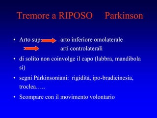Tremore a RIPOSO Parkinson
• Arto sup arto inferiore omolaterale
arti controlaterali
• di solito non coinvolge il capo (labbra, mandibola
si)
• segni Parkinsoniani: rigidità, ipo-bradicinesia,
troclea…..
• Scompare con il movimento volontario
 