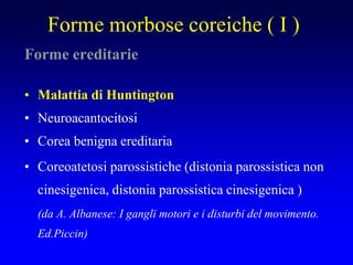 Forme morbose coreiche ( I )
Forme ereditarie
• Malattia di Huntington
• Neuroacantocitosi
• Corea benigna ereditaria
• Coreoatetosi parossistiche (distonia parossistica non
cinesigenica, distonia parossistica cinesigenica )
(da A. Albanese: I gangli motori e i disturbi del movimento.
Ed.Piccin)
 