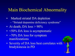 Main Biochemical Abnormality
• Marked striatal DA depletion
– “Striatal dopamine deficiency syndrome”
• At death, DA loss > 90%
• <50% DA loss is asymptomatic
• ~70% DA loss for symptom
manifestations
• Severity of DA loss best correlates with
bradykinesia in PD
 