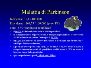 Malattia di Parkinson
Incidenza: 10,1 / 100.000
Prevalenza: 164,75 / 100.000 (prov. FE)
oltre 15 % “Parkinson complicato”
· il 90,3% ha fatto ricorso a visite dallo specialista
· le ospedalizzazioni rappresentano il dato più significativo: il ricovero si
verifica almeno una volta l'anno per il 20,2%;
· il 64,2% dei pazienti ha dovuto far ricorso a modifiche dell'abitazione e
ausili per la deambulazione;
· i giorni di lavoro persi sono stati 22,4 all'anno, il 56,4 % non è riuscito a
svolgere determinate attività quotidiane e addirittura il 27% ha perso il
lavoro a causa della patologia.
• spesa ospedaliera: quasi 135 miliardi di lire;
 