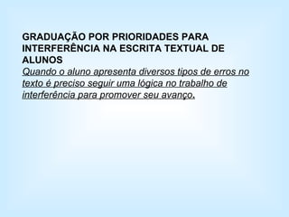 GRADUAÇÃO POR PRIORIDADES PARA INTERFERÊNCIA NA ESCRITA TEXTUAL DE ALUNOS Quando o aluno apresenta diversos tipos de erros no texto é preciso seguir uma lógica no trabalho de interferência para promover seu avanço . 