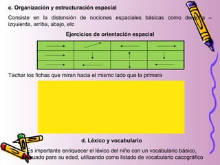 c. Organización y estructuración espacial
Consiste en la distensión de nociones espaciales básicas como derecha –
izquierda, arriba, abajo, etc
Ejercicios de orientación espacial
Tachar los fichas que miran hacia el mismo lado que la primera
d. Léxico y vocabulario
Es importante enriquecer el léxico del niño con un vocabulario básico,
adecuado para su edad, utilizando como listado de vocabulario cacográfico
 