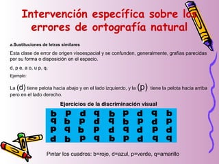 Intervención específica sobre los
errores de ortografía natural
a.Sustituciones de letras similares
Esta clase de error de origen visoespacial y se confunden, generalmente, grafías parecidas
por su forma o disposición en el espacio.
d, p e, a o, u p, q.
Ejemplo:
La (d) tiene pelota hacia abajo y en el lado izquierdo, y la (p) tiene la pelota hacia arriba
pero en el lado derecho.
Ejercicios de la discriminación visual
Pintar los cuadros: b=rojo, d=azul, p=verde, q=amarillo
 