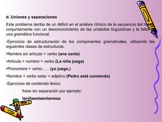d. Uniones y separaciones
Este problema deriba de un déficit en el análisis rítmico de la secuencia del habla,
conjuntamente con un desconocimiento de las unidades lingüísticas y la falta de
una gramática funcional.
-Ejercicios de estructuración de los componentes gramaticales, utilizando las
siguientes clases de estructuras.
•Nombre sin artículo + verbo (ana canta)
•Artículo + nombre + verbo (La niña juega)
•Pronombre + verbo……(yo juego,)
•Nombre + verbo estar + adjetivo (Pedro está comiendo)
-Ejercicios de contenido léxico
frase sin separación por ejemplo:
laniñaestaenlamesa
 