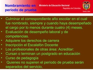 Nombramiento en período de prueba   Culminar el correspondiente año escolar en el cual fue nombrado, siempre y cuando haya desempeñado el cargo por lo menos durante cuatro (4) meses. Evaluación de desempeño laboral y de competencias.  Adquiere los derechos de carrera  Inscripción el Escalafón Docente Los profesionales de otras área: Acreditar: Cursan o terminan un postgrado en educación Curso de pedagogía  Quienes no superen el período de prueba serán separados del servicio,  