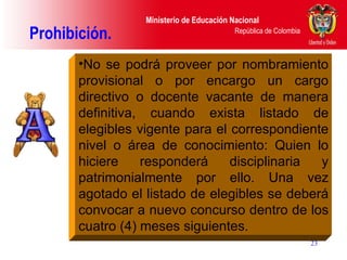 Prohibición.  No se podrá proveer por nombramiento provisional o por encargo un cargo directivo o docente vacante de manera definitiva, cuando exista listado de elegibles vigente para el correspondiente nivel o área de conocimiento: Quien lo hiciere responderá disciplinaria y patrimonialmente por ello. Una vez agotado el listado de elegibles se deberá convocar a nuevo concurso dentro de los cuatro (4) meses siguientes. 