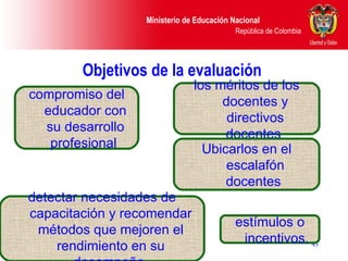Objetivos de la evaluación  compromiso del educador con su desarrollo profesional  los méritos de los docentes y directivos docentes  detectar necesidades de capacitación y recomendar métodos que mejoren el rendimiento en su desempeño. estímulos o incentivos.  Ubicarlos en el escalafón docentes  