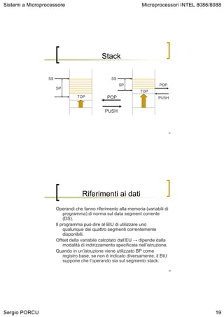 Sistemi a Microprocessore                                           Microprocessori INTEL 8086/8088




                                               Stack

                  SS                                SS
                                                         SP                  POP
                       SP
                                                                   TOP
                                  TOP            POP                        PUSH


                                                PUSH



                                                                                     37




                                    Riferimenti ai dati
                       Operandi che fanno riferimento alla memoria (variabili di
                           programma) di norma sul data segment corrente
                           (DS).
                       Il programma può dire al BIU di utilizzare uno
                           qualunque dei quattro segmenti correntemente
                           disponibili.
                       Offset della variabile calcolato dall’EU → dipende dalla
                           modalità di indirizzamento specificata nell’istruzione.
                       Quando in un’istruzione viene utilizzato BP come
                           registro base, se non è indicato diversamente, il BIU
                           suppone che l’operando sia sul segmento stack.

                                                                                     38




Sergio PORCU                                                                                    19
 