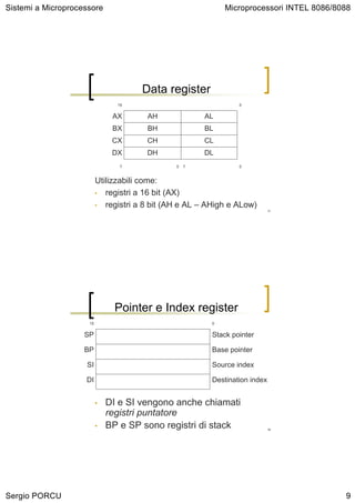 Sistemi a Microprocessore                                    Microprocessori INTEL 8086/8088




                                      Data register
                                15                               0


                               AX      AH              AL
                               BX      BH              BL
                               CX      CH              CL
                               DX      DH              DL
                                 7             0   7             0


                          Utilizzabili come:
                          • registri a 16 bit (AX)

                          • registri a 8 bit (AH e AL – AHigh e ALow)
                                                                             17




                                Pointer e Index register
                     15                                  0


                    SP                                   Stack pointer

                    BP                                   Base pointer

                    SI                                   Source index

                    DI                                   Destination index


                          •   DI e SI vengono anche chiamati
                              registri puntatore
                          •   BP e SP sono registri di stack                 18




Sergio PORCU                                                                              9
 