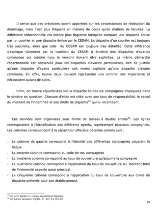 28
IIll aarrrriivvee qquuee ddeess pprréécciissiioonnss ssooiieenntt aappppoorrttééeess ssuurr lleess cciirrccoonnssttaanncceess ddee rrééaalliissaattiioonn dduu
ddoommmmaaggee,, mmaaiiss cc''eesstt pplluuss ffrrééqquueenntt eenn mmaattiièèrree ddee ccoorrppss qquu''eenn mmaattiièèrree ddee ffaaccuullttééss.. LLaa
ddiifffféérreennccee rrééddaaccttiioonnnneellllee eesstt eennccoorree pplluuss ffllaaggrraannttee lloorrssqquu''oonn ccoommppaarree uunnee ddiissppaacchhee éémmiissee
ppaarr uunn ccoouurrttiieerr eett uunnee ddiissppaacchhee éémmiissee ppaarr llee CCEESSAAMM.. LLaa ddiissppaacchhee dd''uunn ccoouurrttiieerr eesstt ttoouujjoouurrss
ttrrèèss ssuucccciinnccttee,, aalloorrss qquuee cceellllee dduu CCEESSAAMM eesstt ttoouujjoouurrss ttrrèèss ddééttaaiillllééee.. CCeettttee ddiifffféérreennccee
ss''eexxpplliiqquuee ssûûrreemmeenntt ppaarr llaa ttrraaddiittiioonn dduu CCEESSAAMM àà éémmeettttrree ddeess ddiissppaacchheess dd''aavvaarriieess
ccoommmmuunneess qquuii ccoommmmee nnoouuss llee vveerrrroonnss ddooiivveenntt êêttrree eexxpplliicciitteess.. LLaa mmêêmmee ddéémmaarrcchhee
rrééddaaccttiioonnnneellllee eesstt ccoonnsseerrvvééee ppoouurr lleess ddiissppaacchheess dd''aavvaarriieess ppaarrttiiccuulliièèrreess,, rriieenn nnee jjuussttiiffiiee
qquu''uunnee ddiissppaacchhee dd’’aavvaarriiee ppaarrttiiccuulliièèrree ssooiitt mmooiinnss eexxpplliicciittee qquu''uunnee ddiissppaacchhee dd’’aavvaarriiee
ccoommmmuunnee.. EEnn eeffffeett,, ttoouutteess ddeeuuxx ppeeuuvveenntt rreepprréésseenntteerr uunnee ssoommmmee ttrrèèss iimmppoorrttaannttee eett
nnéécceessssiitteenntt aauuttaanntt ddee ssooiinnss..
EEnnffiinn,, oonn ttrroouuvvee rrééppeerrttoorriiééeess ssuurr llaa ddiissppaacchhee ttoouutteess lleess ccoommppaaggnniieess iimmpplliiqquuééeess ddaannss
llee ssiinniissttrree eenn qquueessttiioonn.. CChhaaccuunnee dd''eelllleess eesstt cciittééee aavveecc ssoonn ttaauuxx ddee rreessppoonnssaabbiilliittéé,, llee ccaallccuull
dduu mmoonnttaanntt ddee ll''iinnddeemmnniittéé eett ddeess ddrrooiittss ddee ddiissppaacchhee2255
qquuii lluuii iinnccoommbbeenntt..
CCeess ddoonnnnééeess ssoonntt oorrggaanniissééeess ssoouuss ffoorrmmee ddee ttaabblleeaauu àà ddoouubbllee eennttrrééee2266
.. LLeess lliiggnneess
ccoorrrreessppoonnddeenntt àà ll’’iiddeennttiiffiiccaattiioonn ddeess ddiifffféérreennttss aaggeennttss,, rreepprréésseennttaanntt pplluussiieeuurrss ccoommppaaggnniieess..
LLeess ccoolloonnnneess ccoorrrreessppoonnddeenntt àà llaa rrééppaarrttiittiioonn eeffffeeccttiivvee ddééttaaiillllééee ccoommmmee ssuuiitt ::
-- LLaa ccoolloonnnnee ddee ggaauucchhee ccoorrrreessppoonndd àà ll’’iiddeennttiittéé ddeess ddiifffféérreenntteess ccoommppaaggnniieess ccoouuvvrraanntt llee
rriissqquuee
-- LLaa sseeccoonnddee ccoolloonnnnee ccoorrrreessppoonndd aauu ccooddee ddee cceess ccoommppaaggnniieess
-- LLaa ttrrooiissiièèmmee ccoolloonnnnee ccoorrrreessppoonndd aauu ttaauuxx ddee ccoouuvveerrttuurree qquu’’aassssuummee llaa ccoommppaaggnniiee
-- LLaa qquuaattrriièèmmee ccoolloonnnnee ccoorrrreessppoonndd àà ll’’aapppplliiccaattiioonn dduu ttaauuxx ddee ccoouuvveerrttuurree aauu mmoonnttaanntt ttoottaall
ddee ll’’iinnddeemmnniittéé aappppeellééee aauussssii pprriinncciippaall..
-- LLaa cciinnqquuiièèmmee ccoolloonnnnee ccoorrrreessppoonndd àà ll’’aapppplliiccaattiioonn dduu ttaauuxx ddee ccoouuvveerrttuurree aauuxx ddrrooiittss ddee
ddiissppaacchhee pprréélleevvééss ppoouurr ssoonn ééttaabblliisssseemmeenntt..
25
Voir p 31 Section 3 - L’enjeu des droits de dispache
26
Voir par ex. Annexe n° 2 p 60 - 61 et n° 6 p 76 à 79
 
