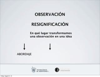 OBSERVACIÓN

                               RESIGNIFICACIÓN

                               En qué lugar transformamos
                               una observación en una idea




                        ABORDAJE




Friday, August 31, 12
 