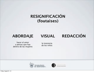 RESIGNIFICACIÓN
                                             (foutaises)


                        ABORDAJE                VISUAL         REDACCIÓN
                            hacer el amor       la inocencia
                          y pensar que hay      de los niños
                        dentro de las mujeres




Friday, August 31, 12
 