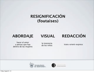 RESIGNIFICACIÓN
                                             (foutaises)


                        ABORDAJE                VISUAL         REDACCIÓN
                            hacer el amor       la inocencia
                          y pensar que hay                     trans-orient-express
                                                de los niños
                        dentro de las mujeres




Friday, August 31, 12
 
